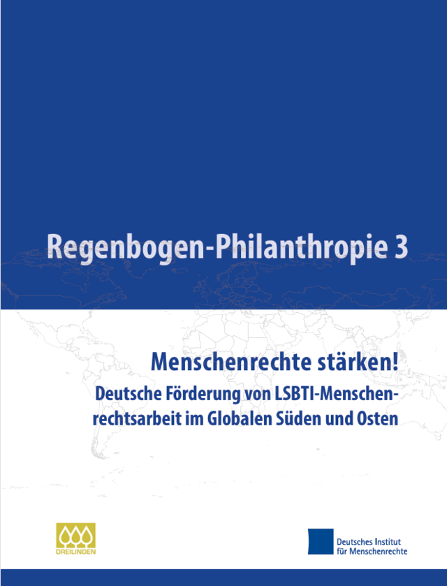 Das Cover der Studie „Regenbogen-Philanthropie 3: Menschenrechte stärken!“ zeigt eine dunkelblaue Weltkarte, auf der die Umrisse der Länder durch zickzackartige feine Linien hervorgehoben sind. Diese Darstellung symbolisiert die weltweite Unterstützung für LSBTI-Menschenrechtsarbeit im Globalen Süden und Osten.