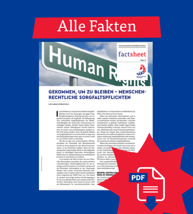 Titelblatt des SÜDWIND-Factsheets „Gekommen, um zu bleiben – Die internationale Debatte um menschenrechtliche Sorgfaltspflichten“ mit dem Titel der Publikation und der Gestaltung des Covers.