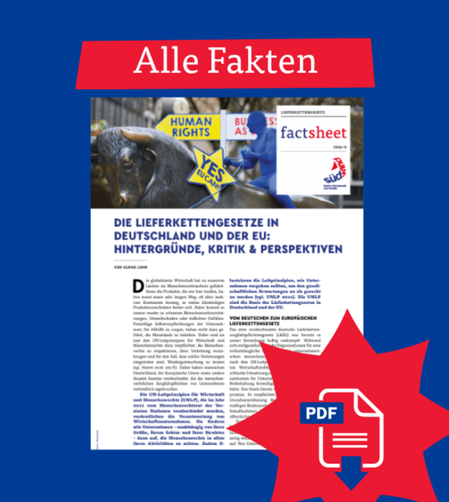 Cover des Factsheets „Die Lieferkettengesetze in Deutschland und der EU: Hintergründe, Kritik & Perspektiven“ Titelblatt des SÜDWIND-Factsheets „Die Lieferkettengesetze in Deutschland und der EU: Hintergründe, Kritik & Perspektiven“.