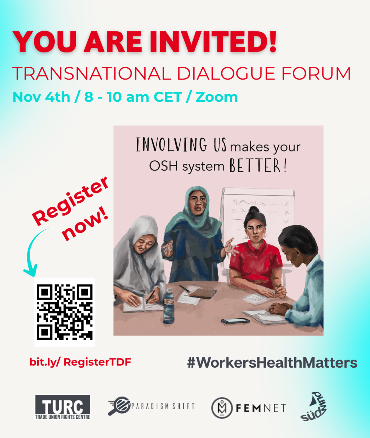 eranstaltungsankündigung zum G*OSH Dialogforum „Gemeinsam lernen und vorangehen“ am 4. November 2026 von 8 bis 10 Uhr (CET), online via Zoom. Thema ist geschlechtergerechter Arbeits- und Gesundheitsschutz in Indien und Indonesien.