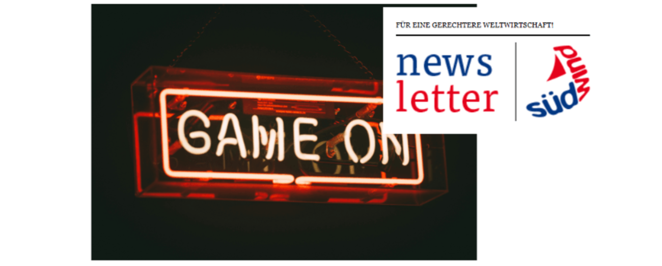 SÜDWIND Newsletter Juni 2026 — Lieferkettengesetz, Pestizide und globale Gerechtigkeit Vorschaubild des SÜDWIND Newsletters Juni 2026 mit dem Titel „für eine gerechtere Weltwirtschaft". Der Newsletter thematisiert die Abschwächung des EU-Lieferkettengesetzes, Menschenrechtsverletzungen in globalen Lieferketten deutscher Supermärkte sowie nachhaltige Anbaumethoden in Lateinamerika und Afrika.
