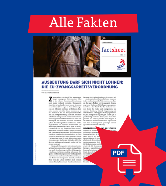 PDF-Factsheet zur EU-Zwangsarbeitsverordnung über das Verbot von Produkten aus Zwangsarbeit in globalen Lieferketten zum Download.